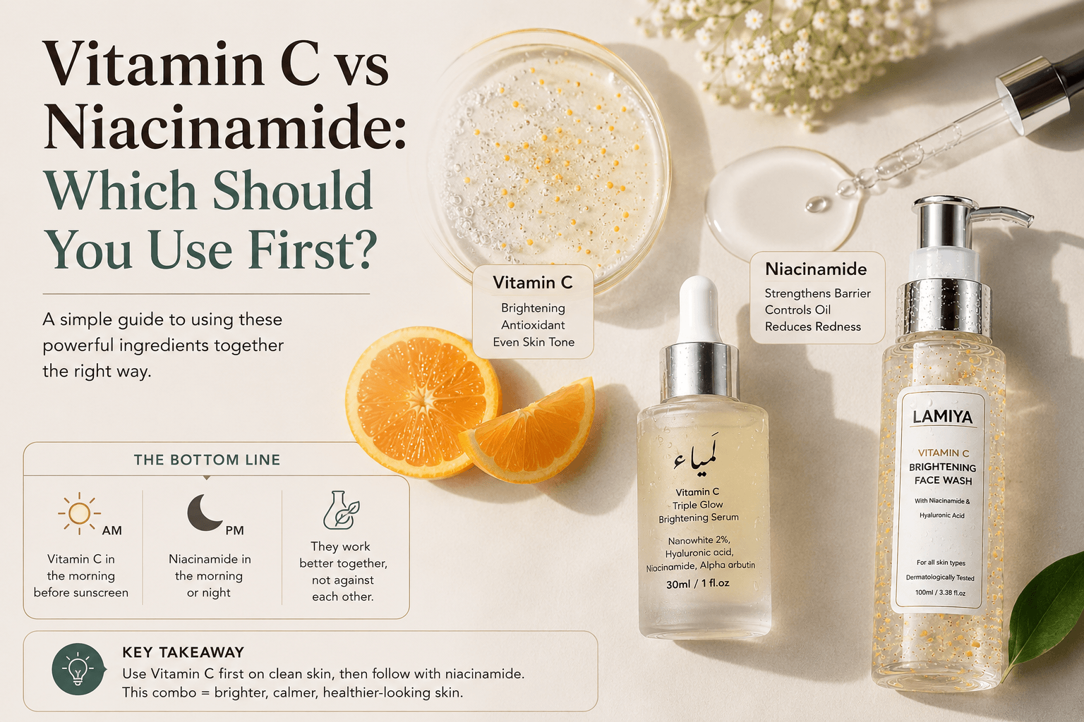 Vitamin C vs Niacinamide: Which Should You Use First? — Lamiya skincare journal Pakistan