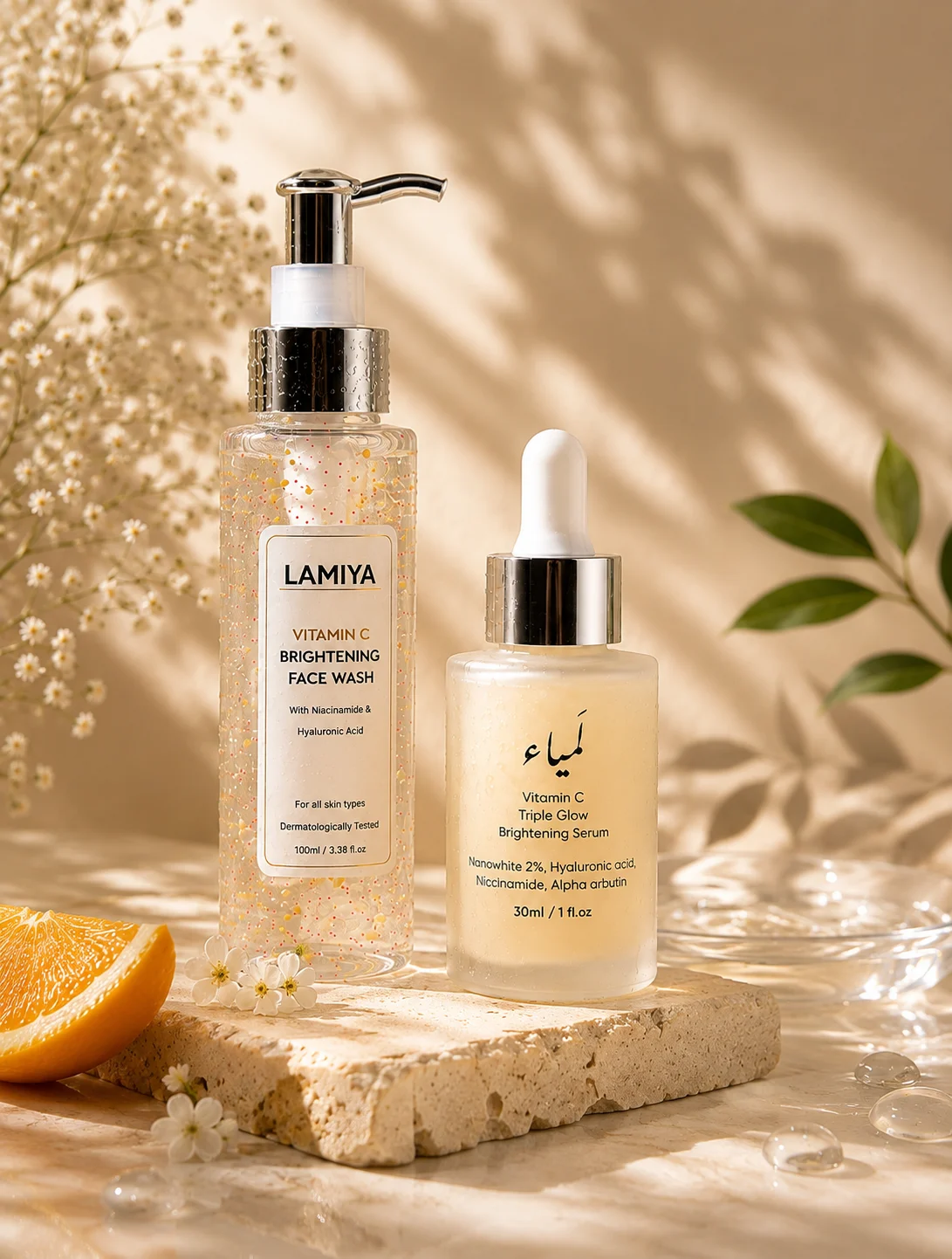 Lamiya Vitamin C brightening face wash and Vitamin C skincare serum